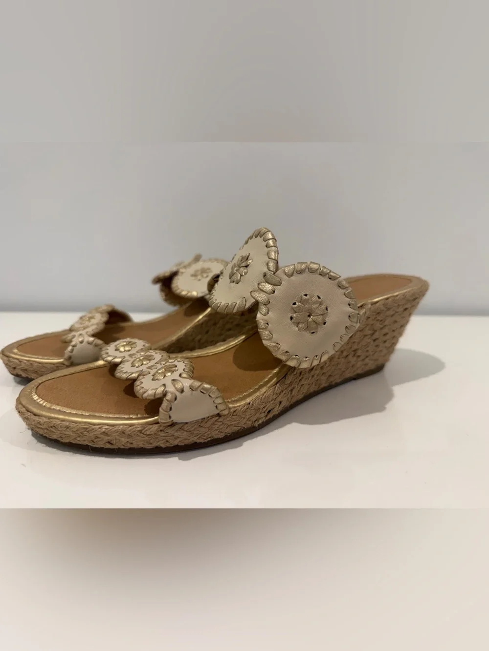 Jack Rogers Beige Wedge Sandals with Decorative Medallions - Women's Slip-On